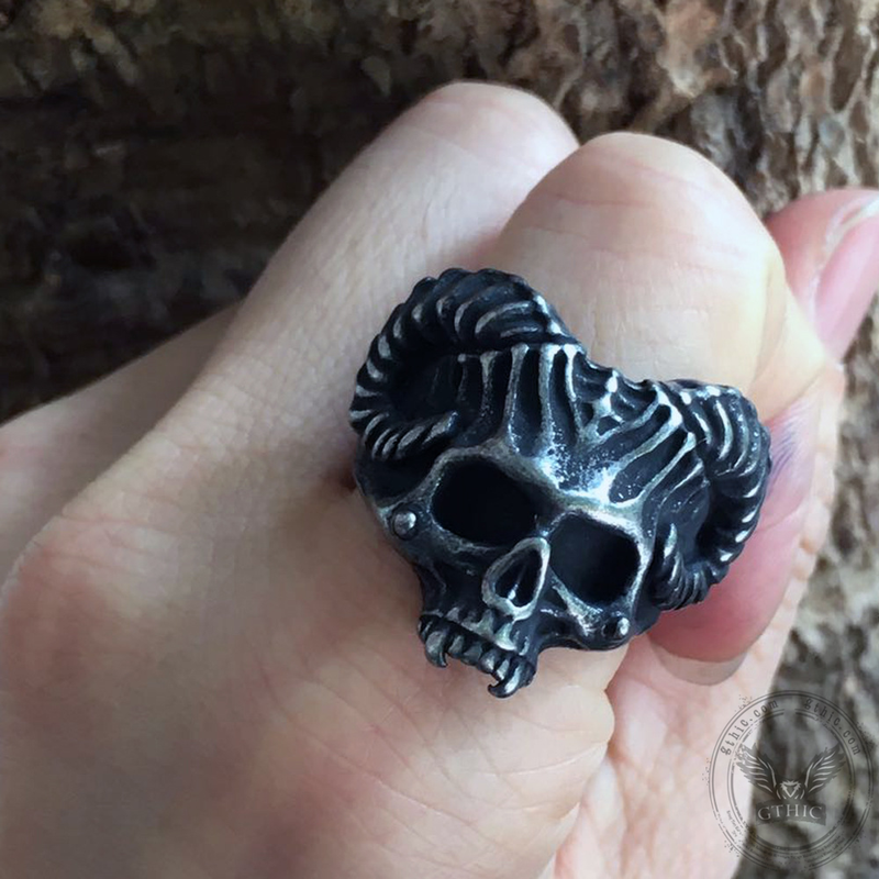 Horned Devil Stainless Steel Skull Ring