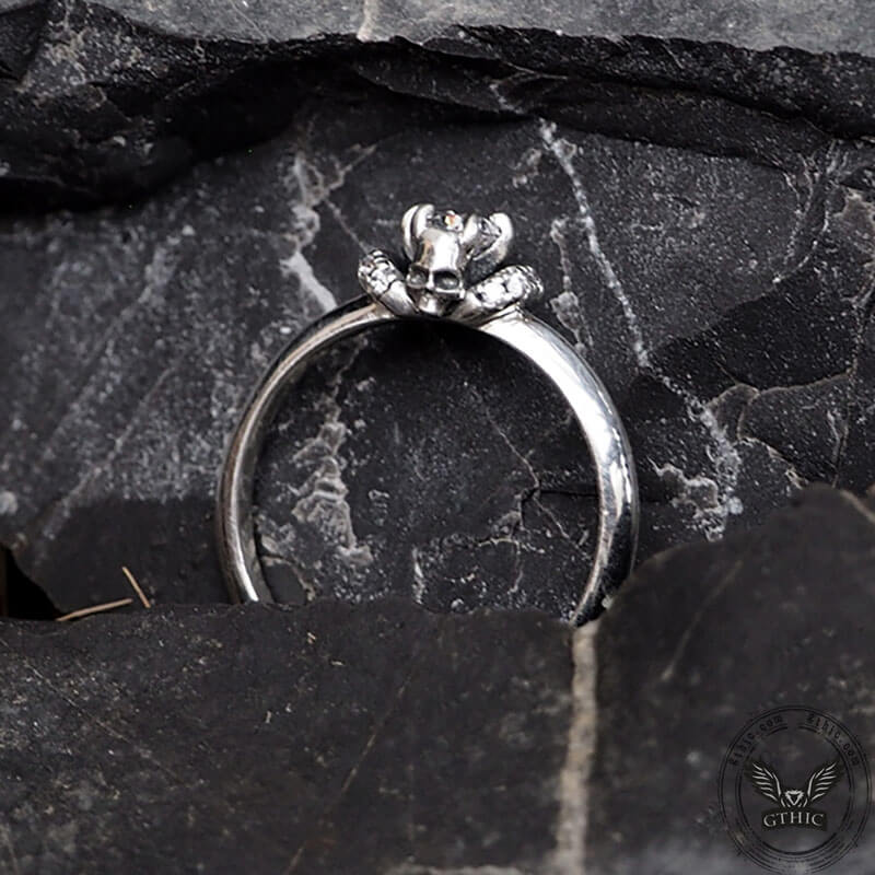 Horned Skull Inlaid Zircon Sterling Silver Ring
