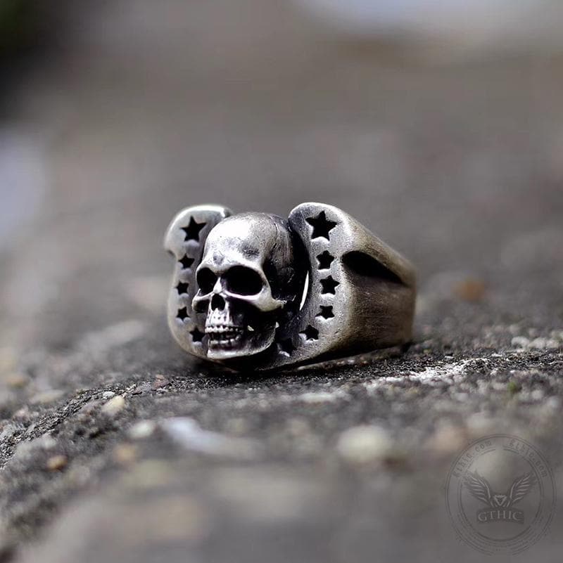 Horseshoe Pentagram Brass Skull Ring