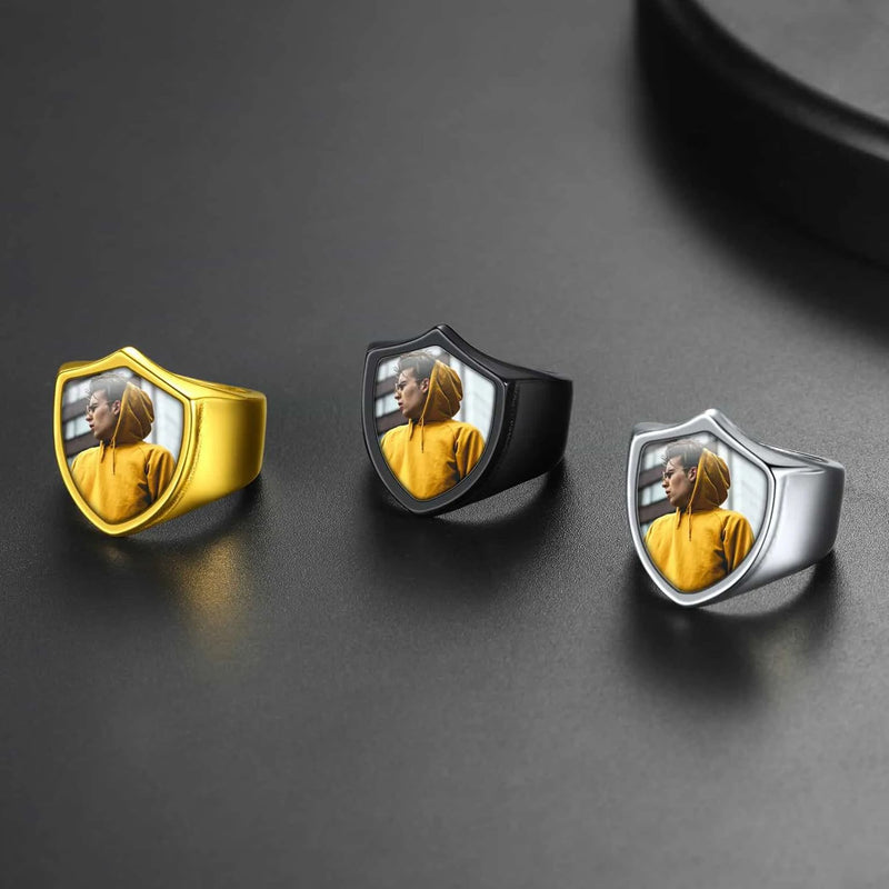 Customized Shield Signet Ring With Photo Memorial Gift for
