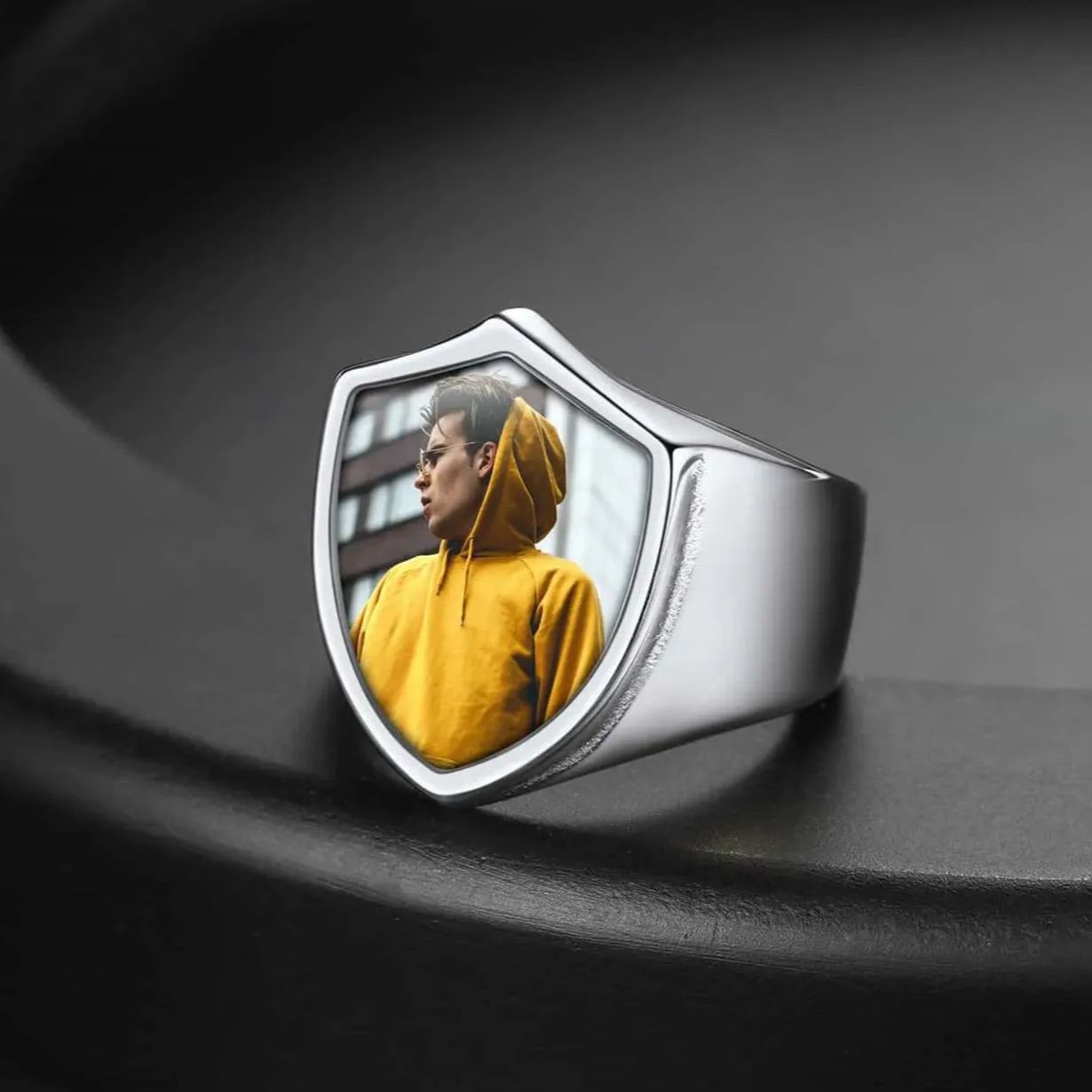 Customized Shield Signet Ring With Photo Memorial Gift for