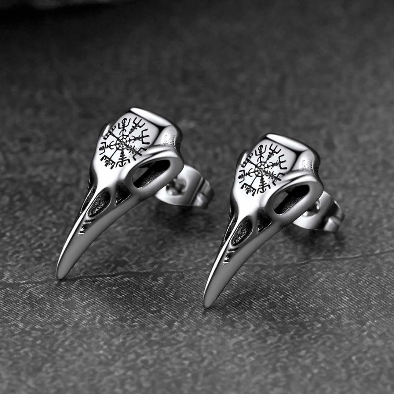 Viking Raven Skull Stud Earrings With Viking Vegvisir for