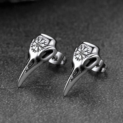 Viking Raven Skull Stud Earrings With Viking Vegvisir for