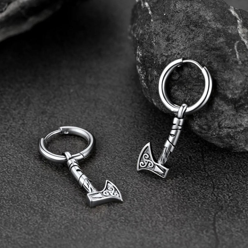 Battle Axe Viking Dangle Hoop Earrings for