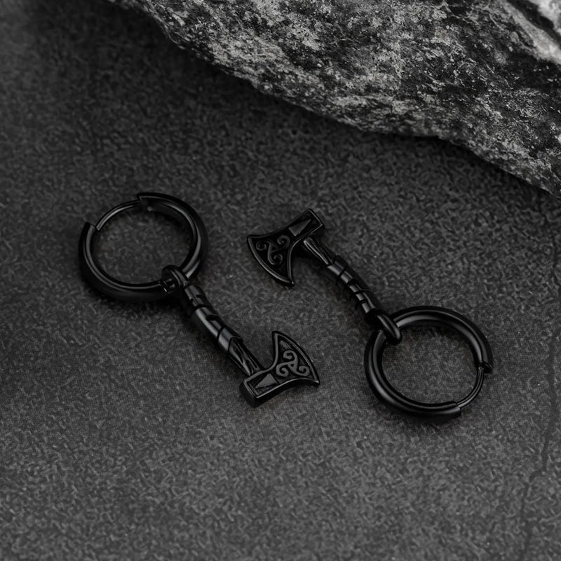 Battle Axe Viking Dangle Hoop Earrings for