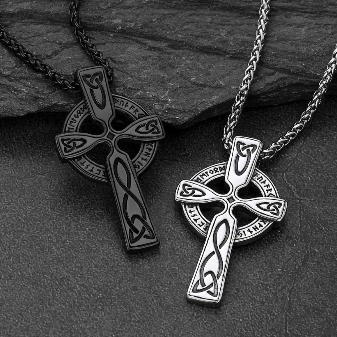 Irish Celtic Cross Pendant Necklace With Viking Runes for
