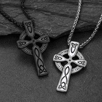 Irish Celtic Cross Pendant Necklace With Viking Runes for