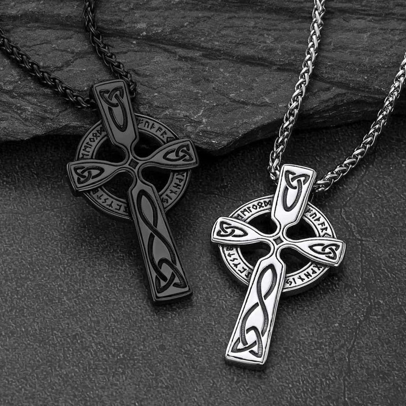 Irish Celtic Cross Pendant Necklace With Viking Runes for