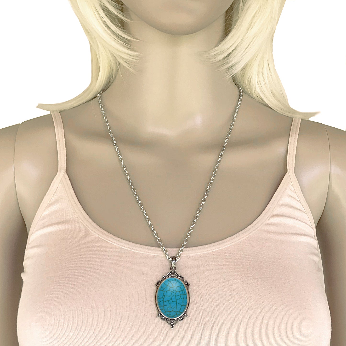 Antique Silver Turquoise Resin Cabochon Pendant on Fancy Rope Chain Necklace, 24"