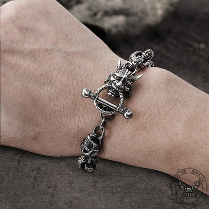 Japanese Demon Oni Skull Sterling Silver Bracelet