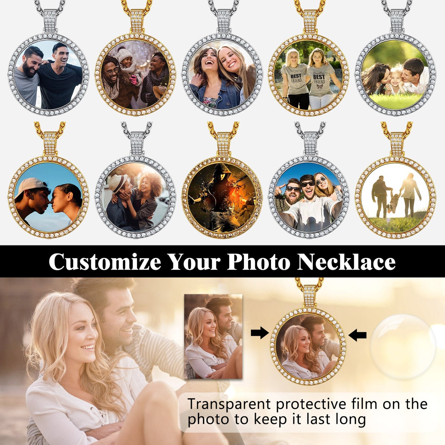 Customized Cz Picture Circle Chain Necklace With Calendar for