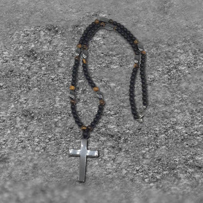 Latin Cross Stone Bead Biker Rosary Necklace