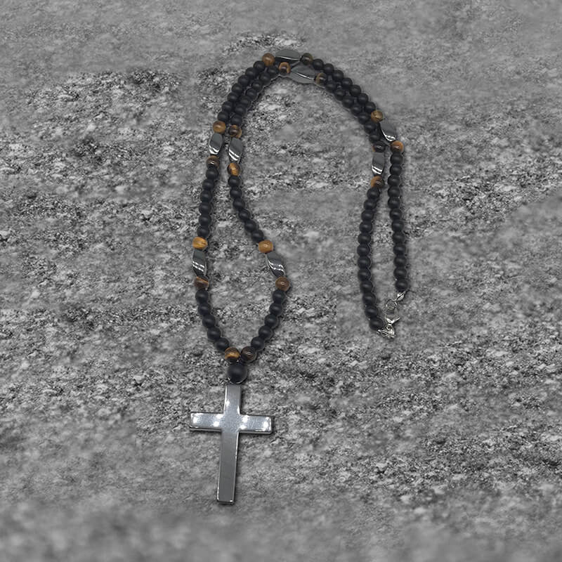 Latin Cross Stone Bead Biker Rosary Necklace