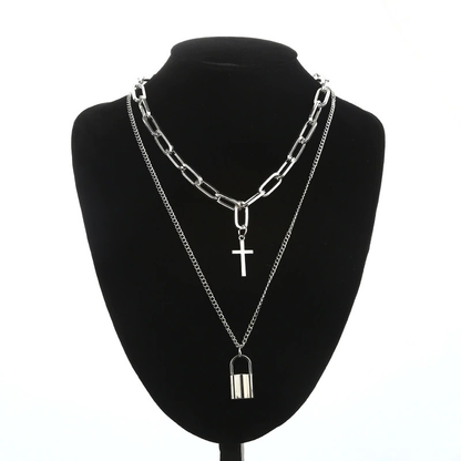 Layered Chain Necklace for in Punk Style / Cross Pendants / Aesthetic Jewelry