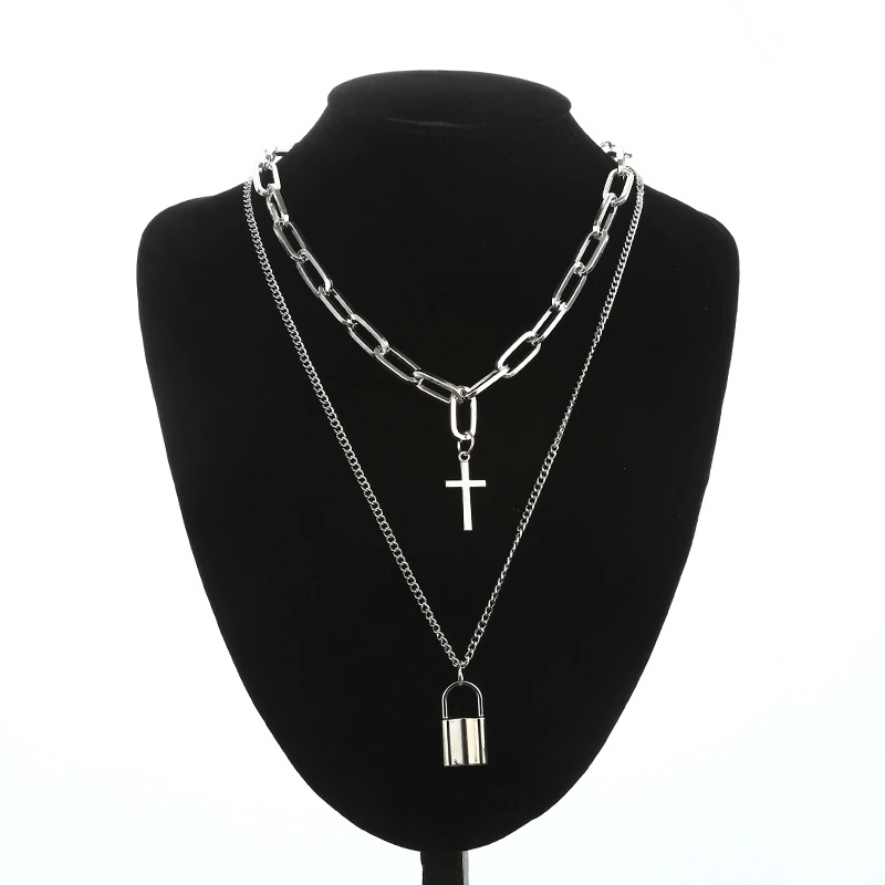 Layered Chain Necklace for in Punk Style / Cross Pendants / Aesthetic Jewelry