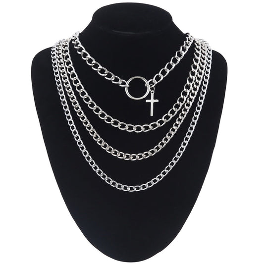 Layered Chain With Cross and Ring / 4pcs-set Aesthetic Choker / and Necklace