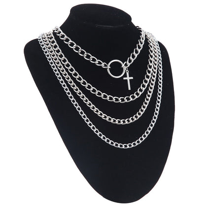 Layered Chain With Cross and Ring / 4pcs-set Aesthetic Choker / and Necklace