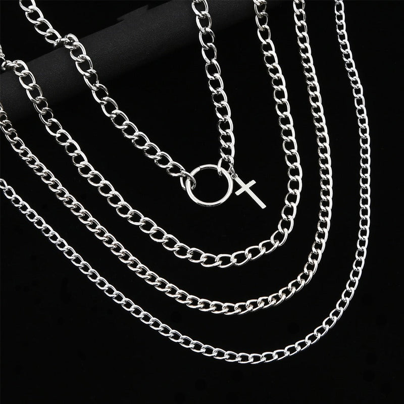 Layered Chain With Cross and Ring / 4pcs-set Aesthetic Choker / and Necklace