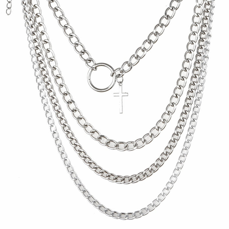 Layered Chain With Cross and Ring / 4pcs-set Aesthetic Choker / and Necklace