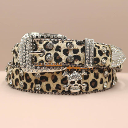 Leopard Print Rhinestone Skull Y2k Pu Leather Belt