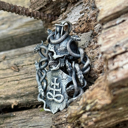 Leviathan Cross Snake Sterling Silver Skull Pendant
