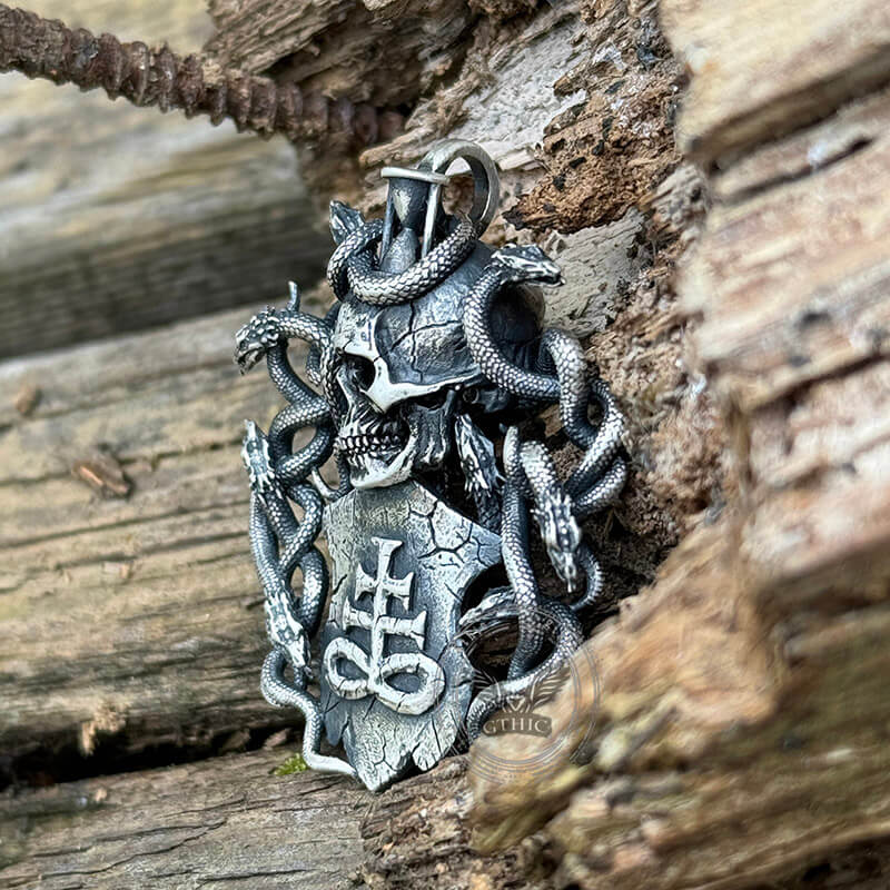 Leviathan Cross Snake Sterling Silver Skull Pendant