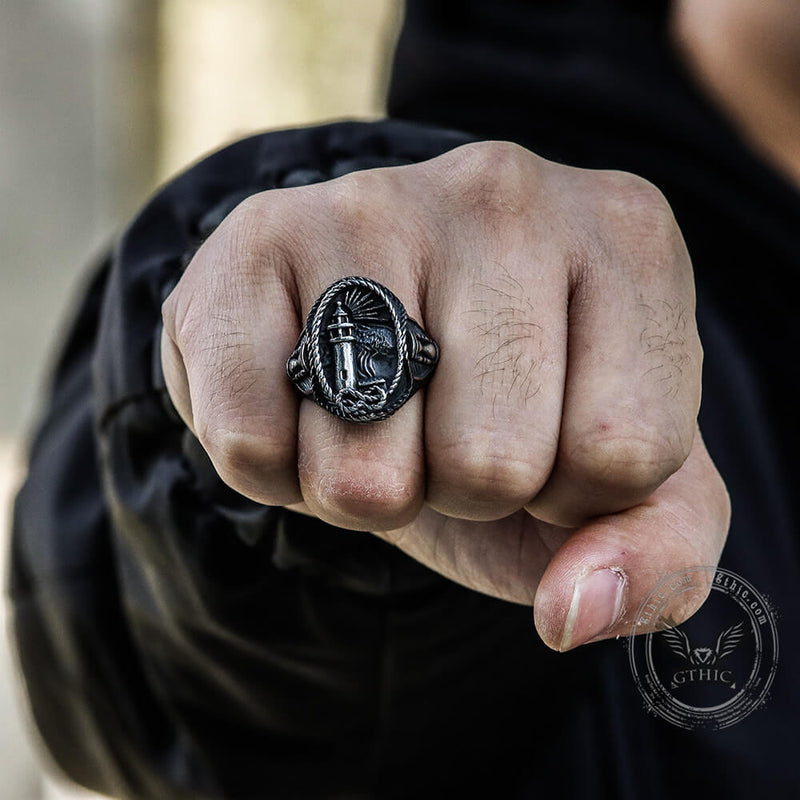 Lighthouse Hourglass Stainless Steel Marine Ring