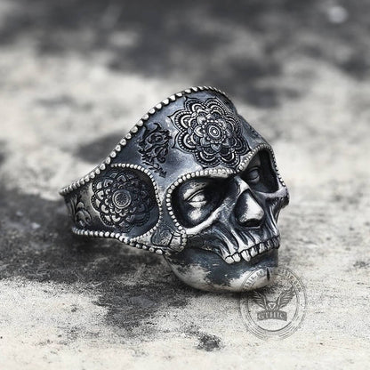 Mandala Flower Copper Sterling Silver Skull Ring