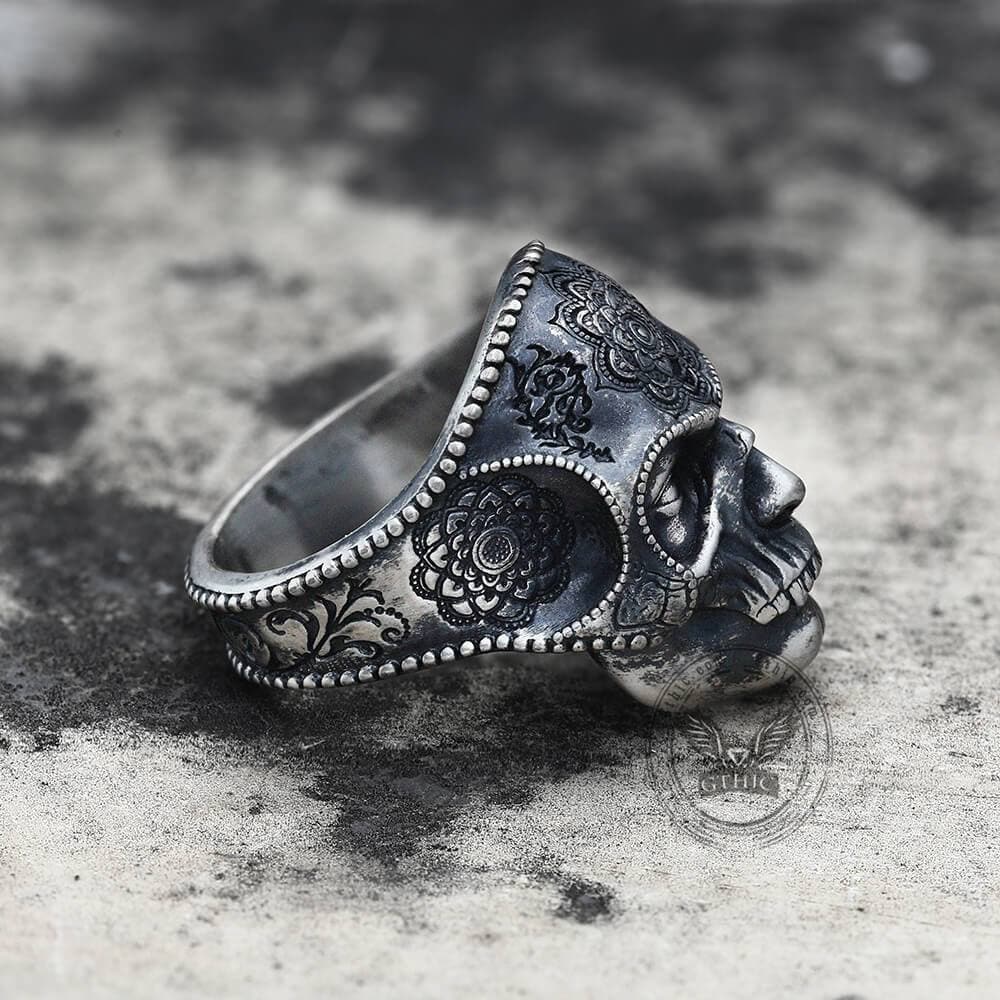 Mandala Flower Copper Sterling Silver Skull Ring