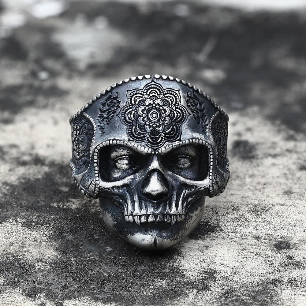 Mandala Flower Copper Sterling Silver Skull Ring