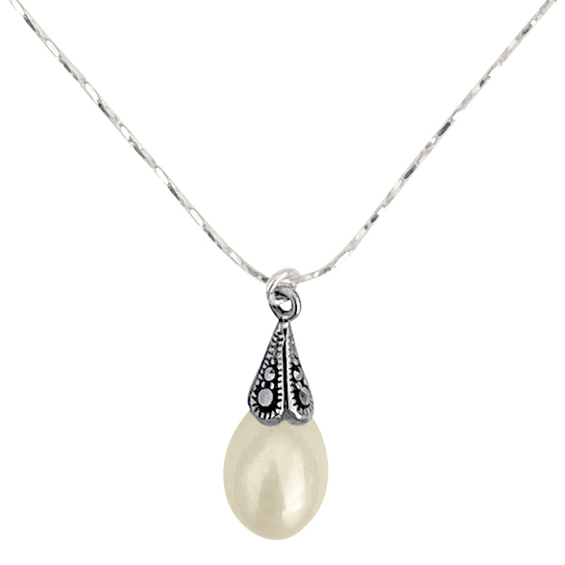 Antiqued Sterling Silver Marcasite Freshwater Pearl Pendant Delicate Chain Necklace, 18