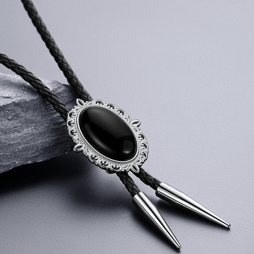 Western Black Onyx Leather Wedding Bolo Tie for