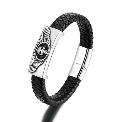 Genuine Leather Bracelet With Skull & Magnetic Buckle / Punk Style Stainless Steel Jewelry