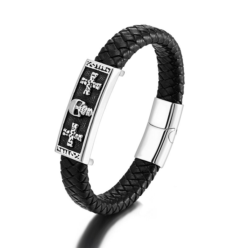 Genuine Leather Bracelet With Skull & Magnetic Buckle / Punk Style Stainless Steel Jewelry