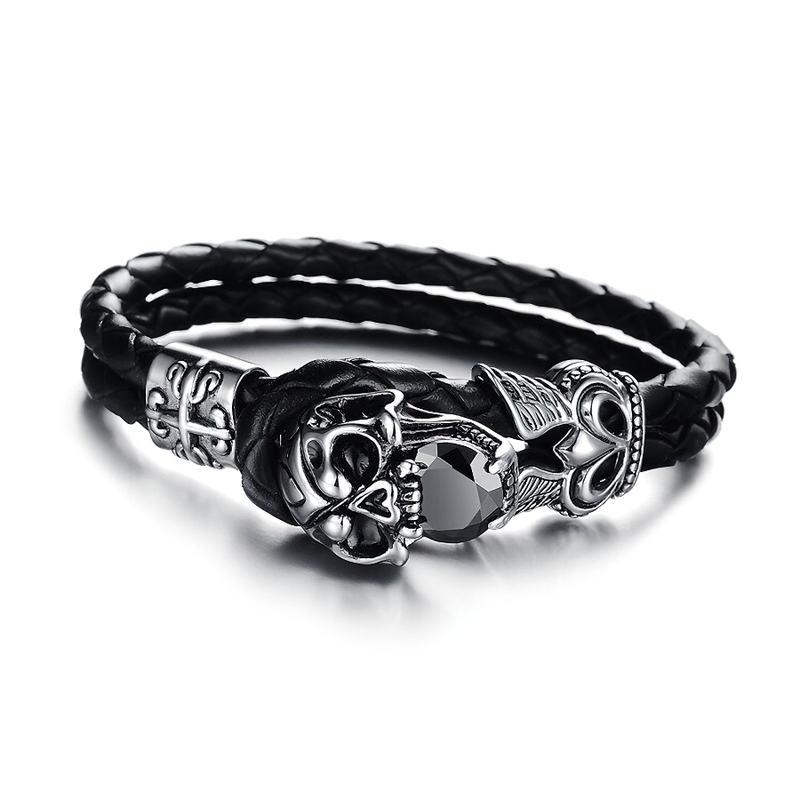 Pu Leather Black Bracelet / Skull Charm Bracelets / Stainless Steel Accessories