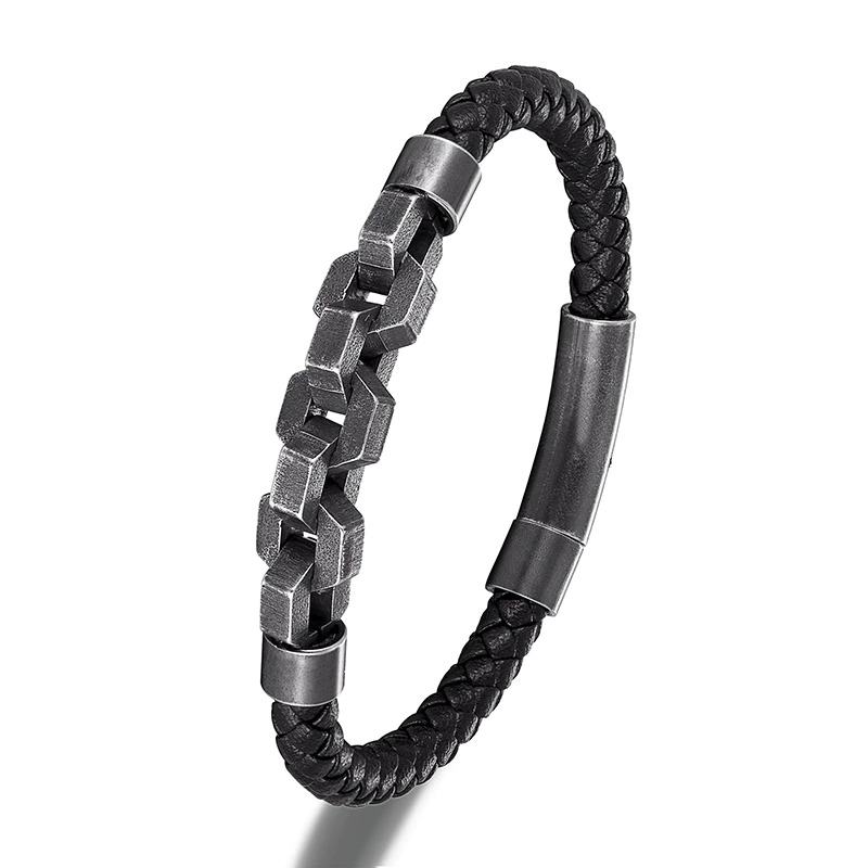 Genuine Leather Bracelet / Male Stainless Steel Jewelry / Rock Style Bracelet for