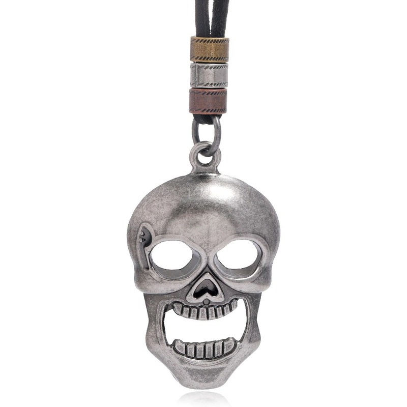 Metal Skull Pendant Necklace for and / Adjustable Genuine Leather Necklaces