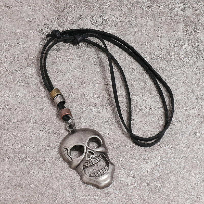 Metal Skull Pendant Necklace for and / Adjustable Genuine Leather Necklaces
