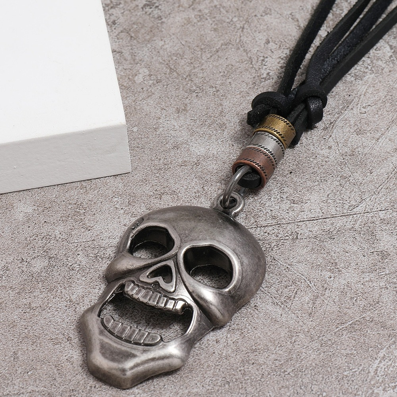Metal Skull Pendant Necklace for and / Adjustable Genuine Leather Necklaces