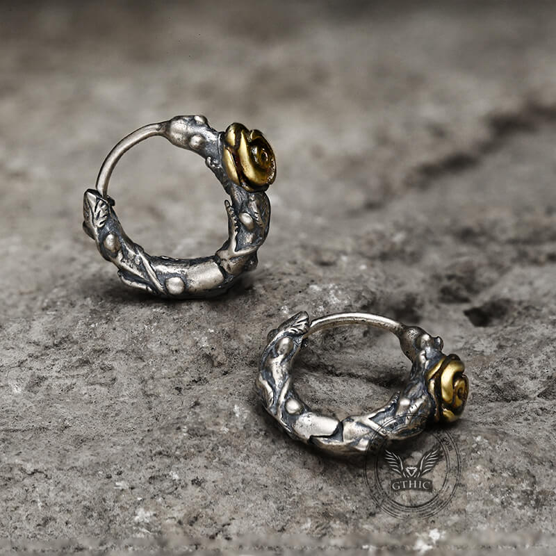 Metal Rose and Thorns Sterling Silver Hoop Earrings