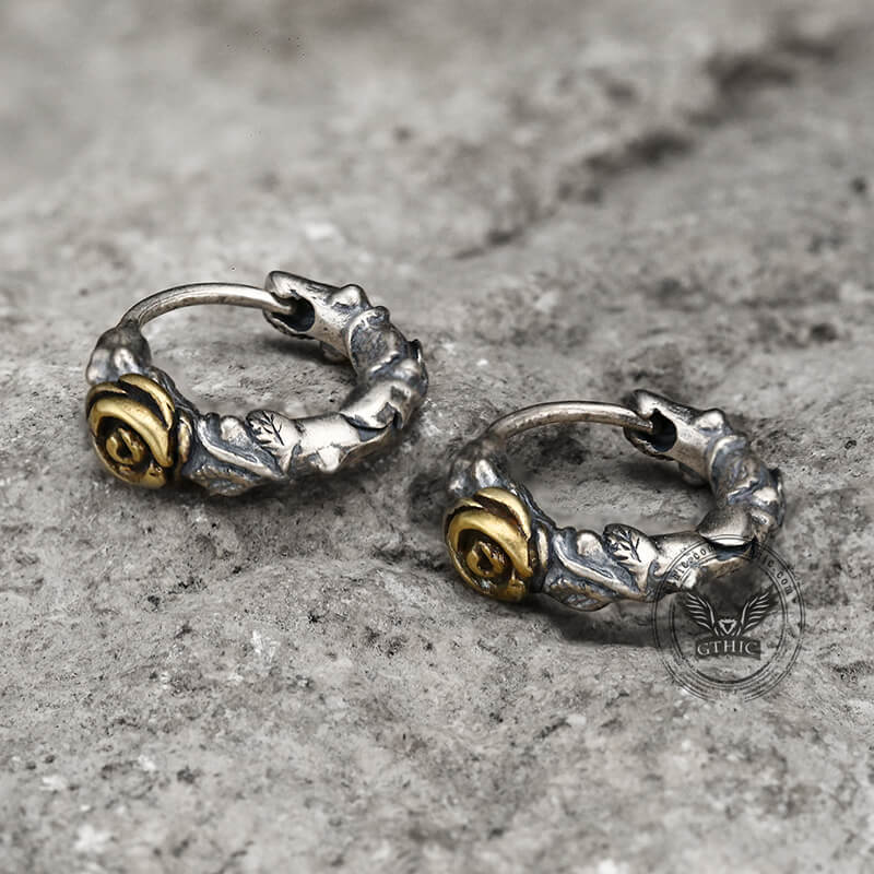 Metal Rose and Thorns Sterling Silver Hoop Earrings