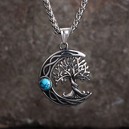 Moon Tree of Life Turquoise Stainless Steel Pendant