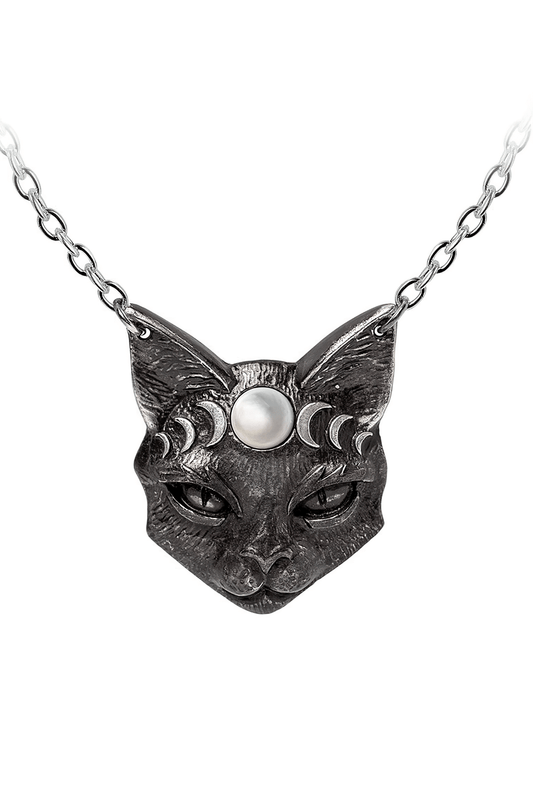 Mystic Moon Cat Pendant With Mother of Pearl and Moon Phases