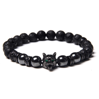 Natural Black Lava Stone Bracelet Wolf Charm / Elastic Jewelry With Animal Symbol