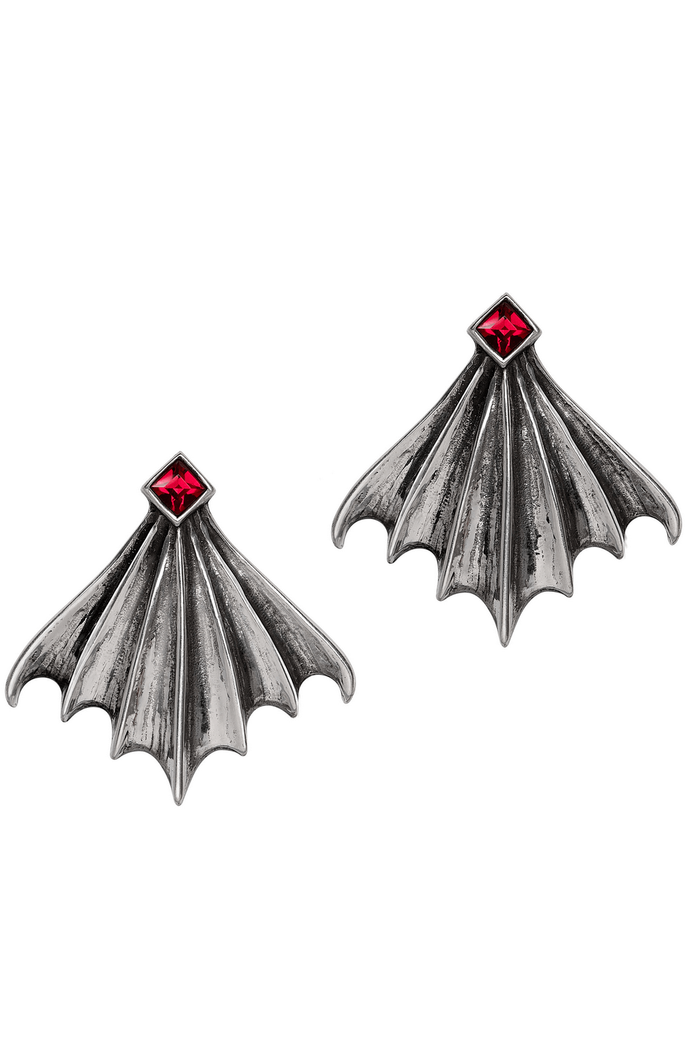 Nighttime Bat Wing Stud Earrings With Red Crystals
