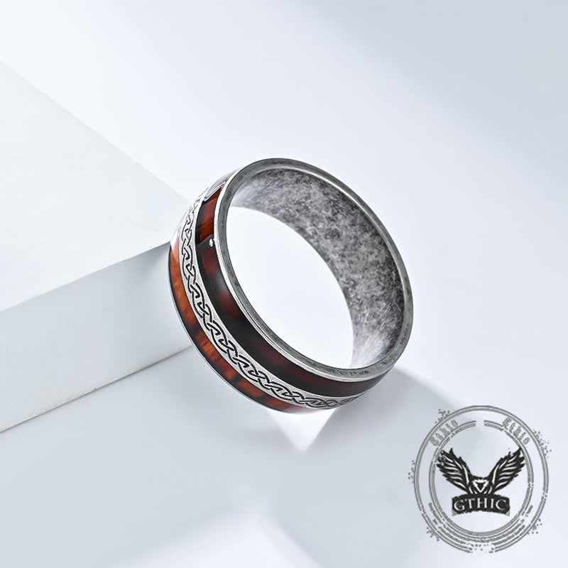 Nordic Celtic Knot Wood Grain Stainless Steel Ring