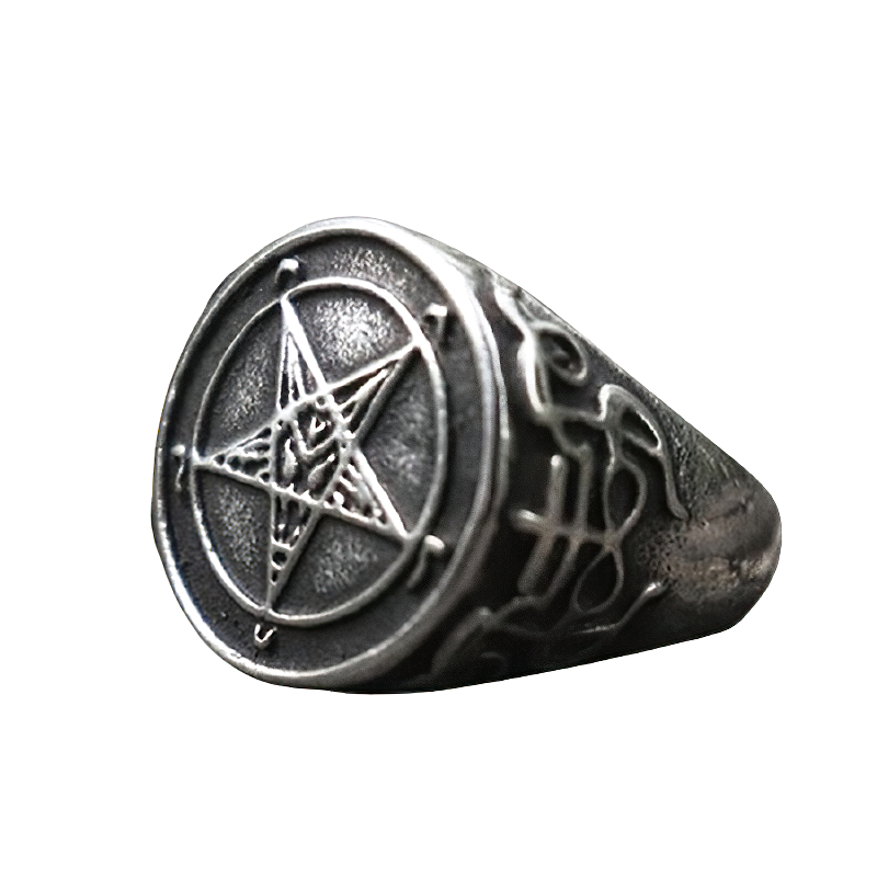 Occult Print Stainless Steel Ring / Gothic Satan Jewellery With Pentagram
