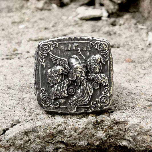 Odin Huginn and Muninn Stainless Steel Viking Ring