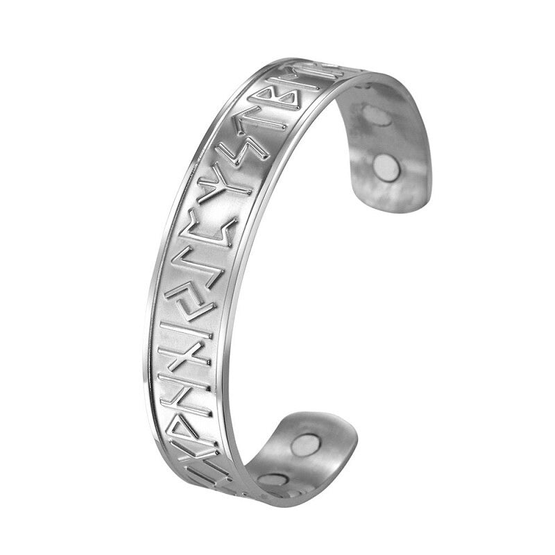 Open Cuff Magnetic Therapy Bracelet / Stainless Steel Bangle / Antique Nordic Rune Jewelry