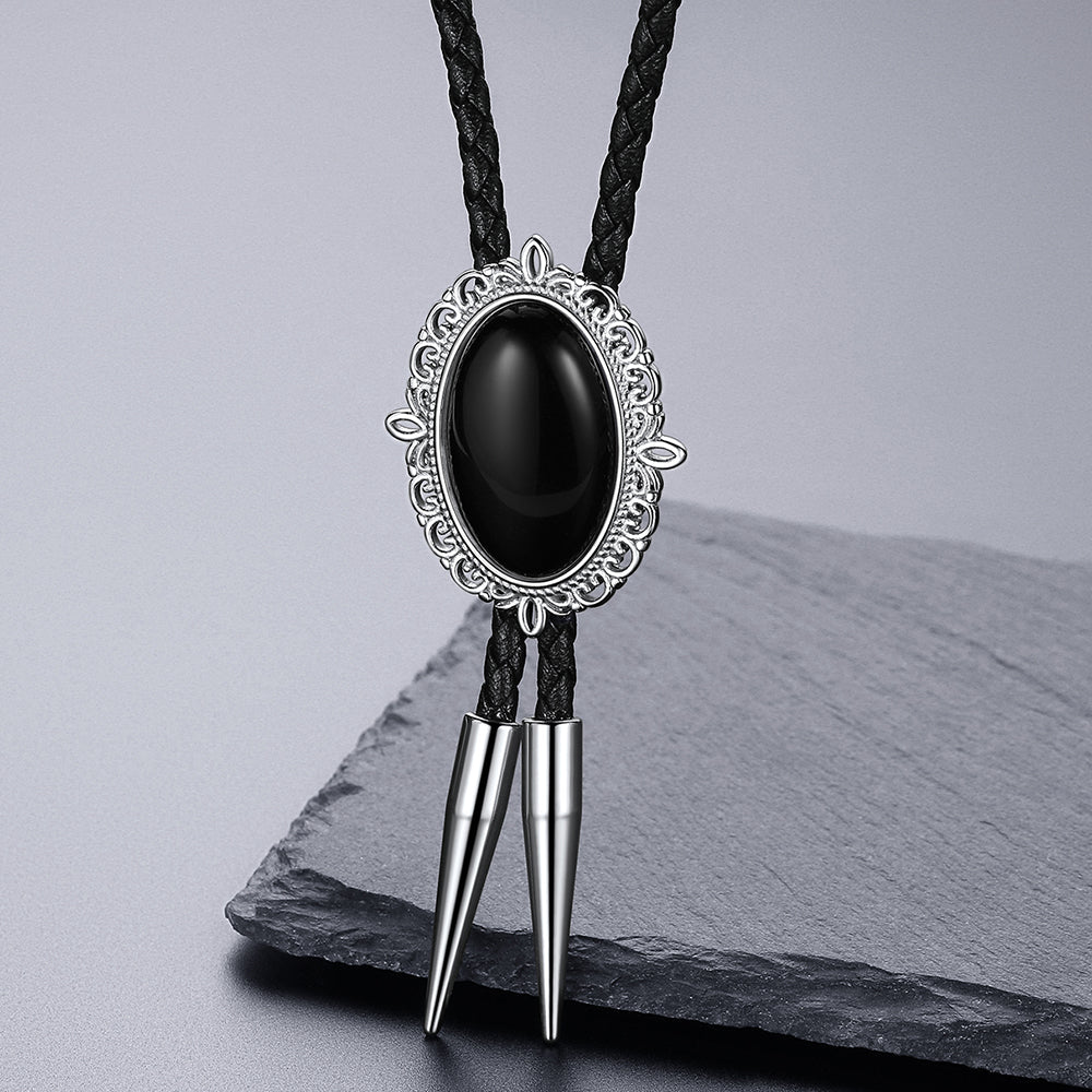 Western Black Onyx Leather Wedding Bolo Tie for